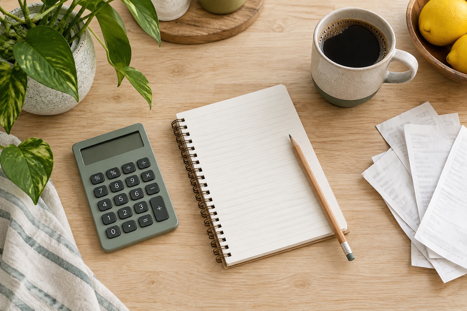 Calculator and blank budget notebook on a bright kitchen table