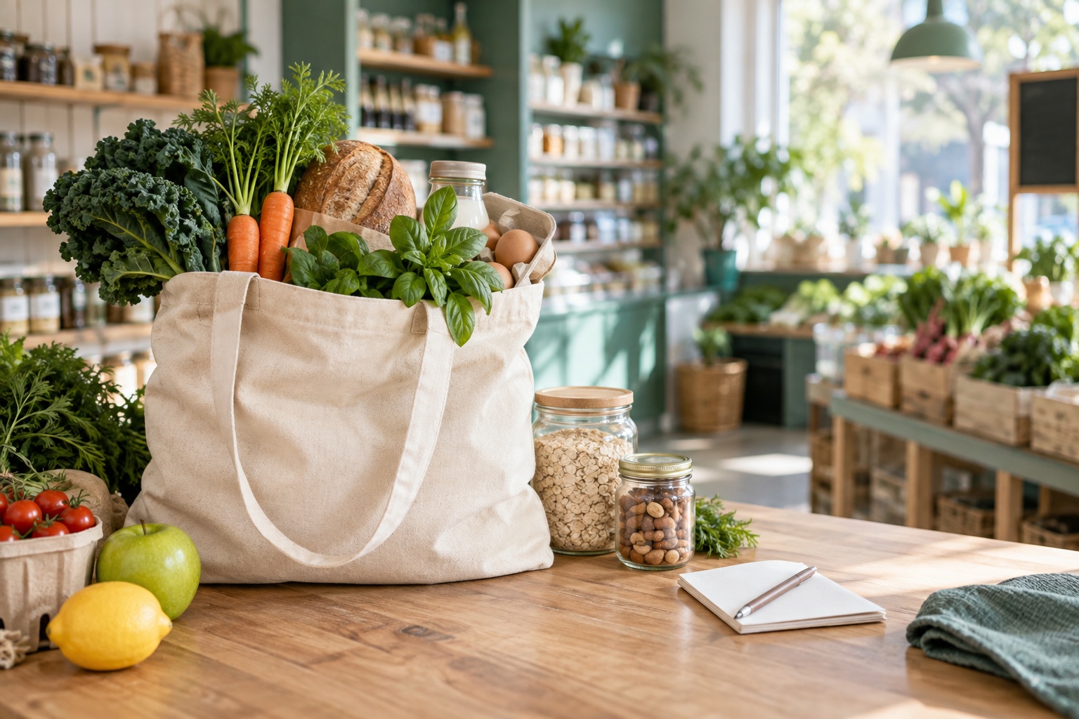 Fresh groceries arranged in a reusable bag at a neighborhood market