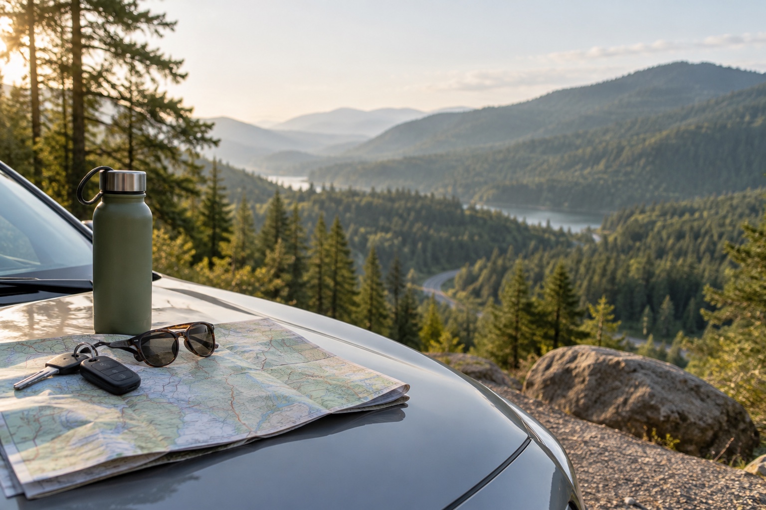 Road map, car keys, and water bottle at a forest overlook